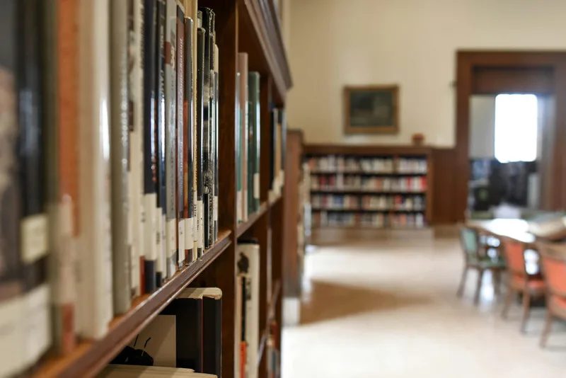 Library shelves and a study area.