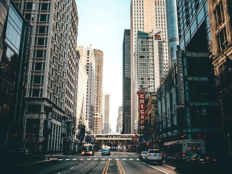 Downtown Chicago buildings along a city street.