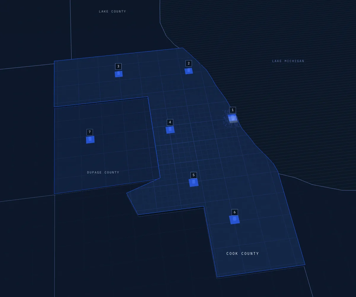 Illustrative map of seven Cook and DuPage County courthouses; numbers match the adjacent list.