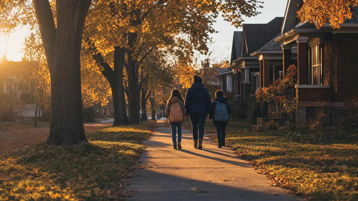 Illustration: Parent and two children with backpacks walking home on a tree-lined street in autumn sunset light, seen from behind.