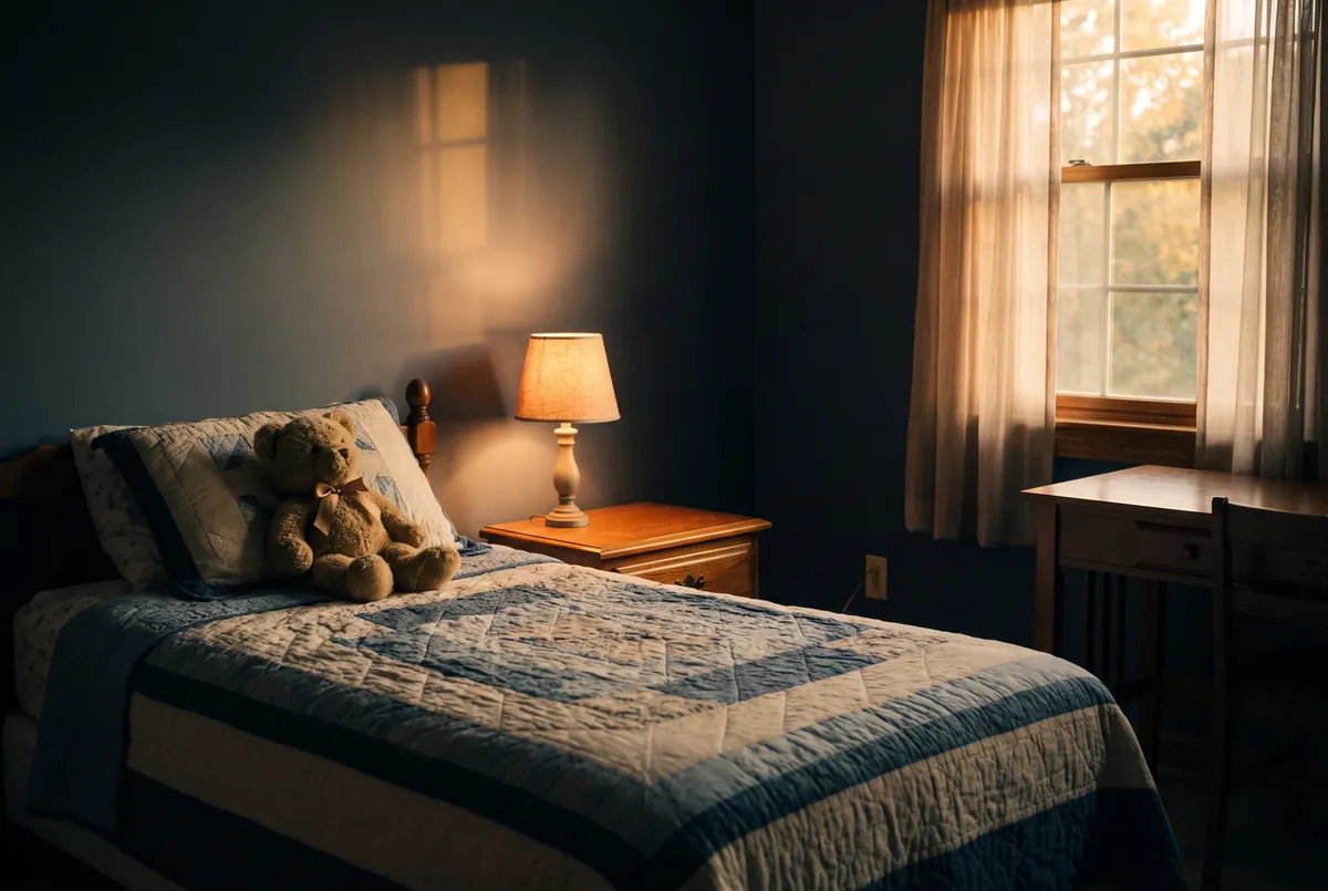Illustration: Child's bedroom with a made bed, a lit lamp and a stuffed bear.