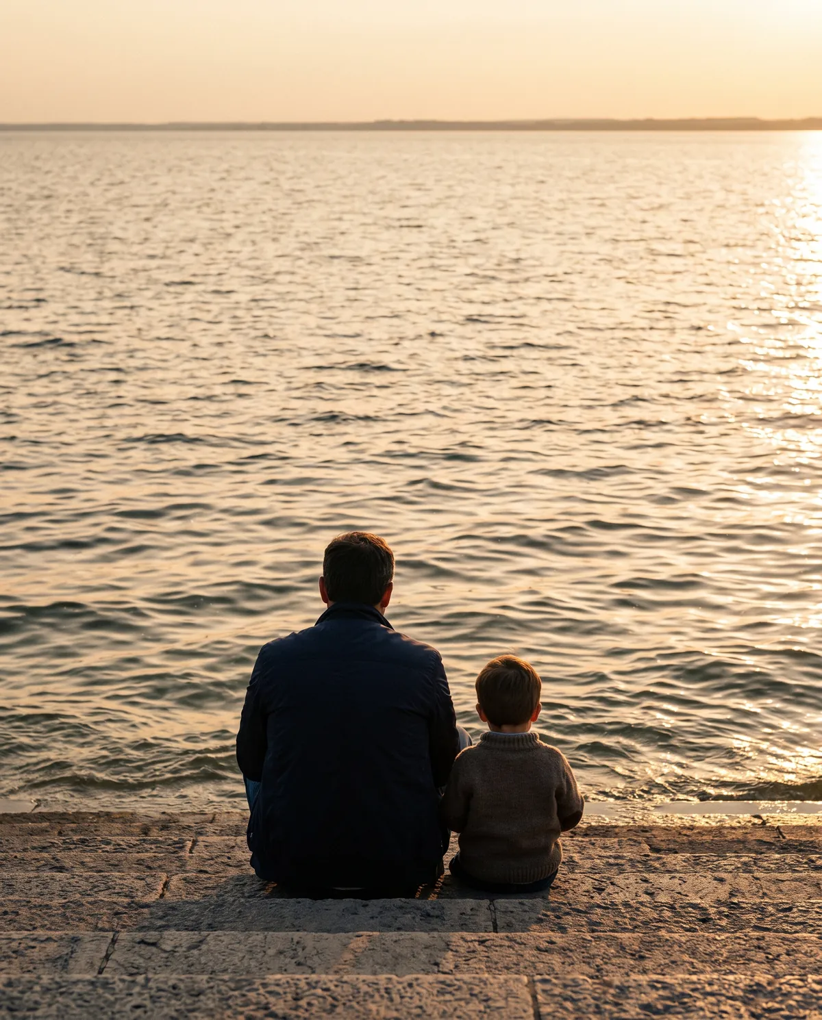 Illustration: Adult and child sitting on lakefront steps watching the water at sunset, seen from behind.
