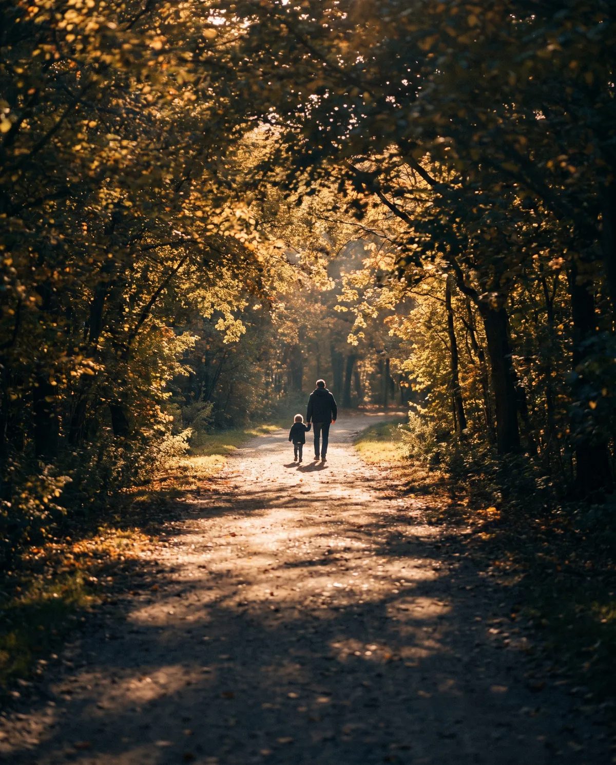 Illustration: Parent and small child walking a tree-lined path in golden light, seen from behind.