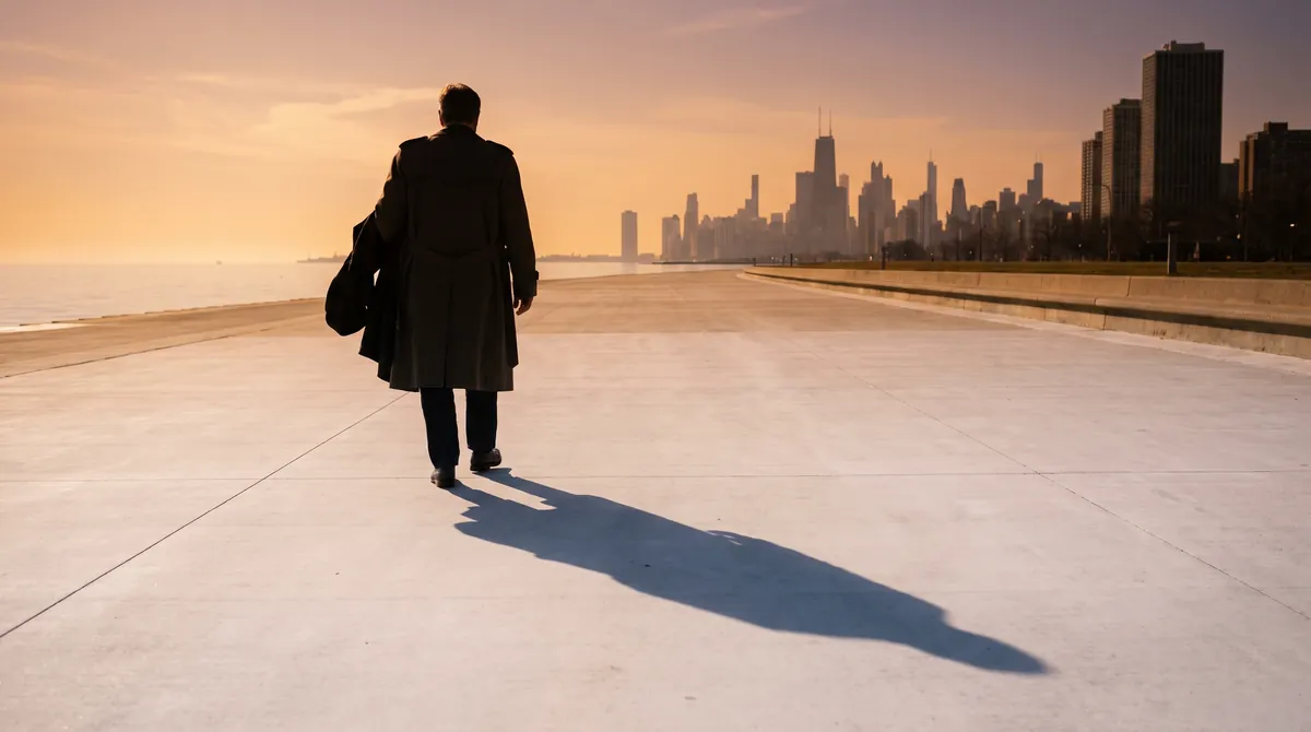Illustration: Lone adult in a long coat walking a Chicago lakefront promenade at sunset, seen from behind.