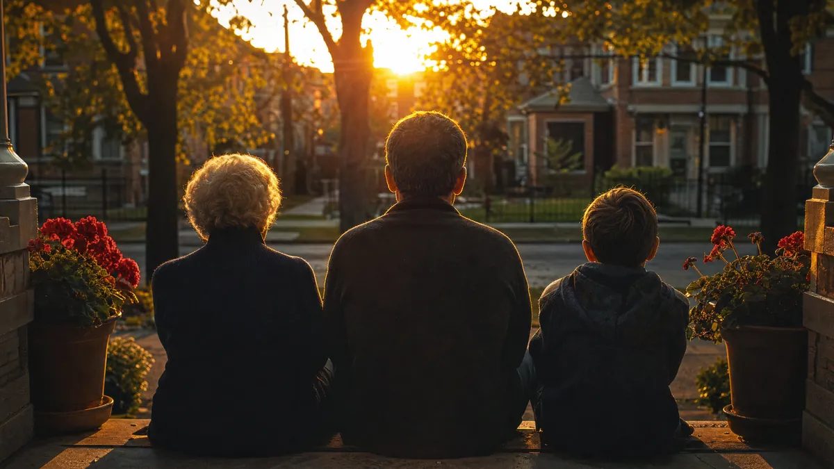 Ilustración: Tres generaciones de una familia, de espaldas, en un porche de Chicago al atardecer.