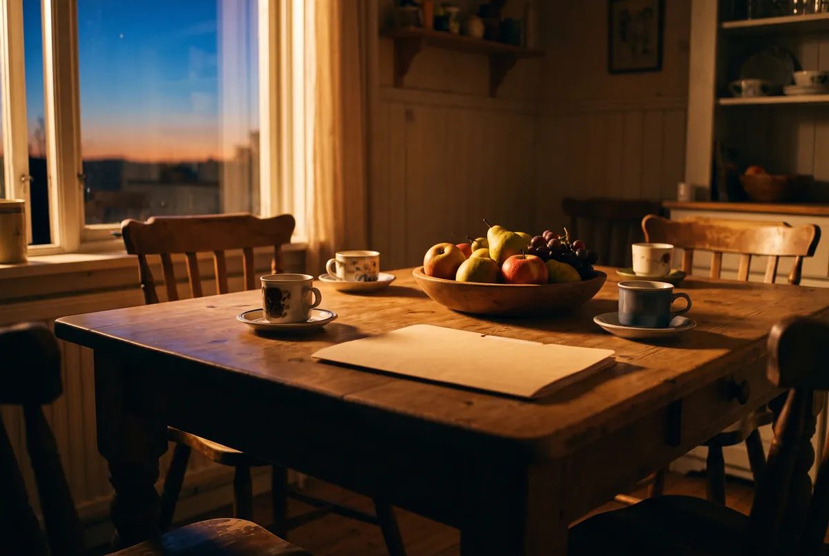 Ilustración: Mesa de cocina al atardecer con tazas, fruta y una carpeta cerrada.