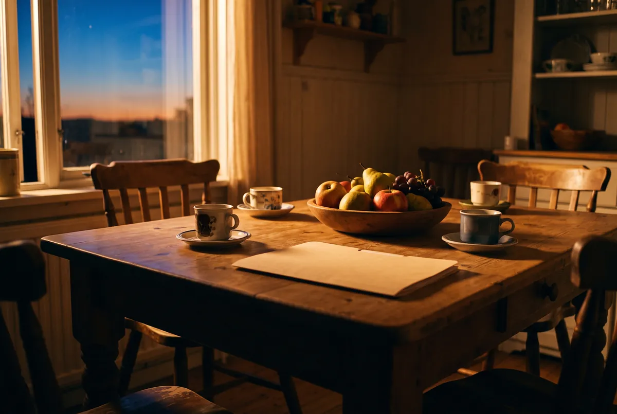 Illustration: Kitchen table at dusk with cups, fruit and a closed folder.