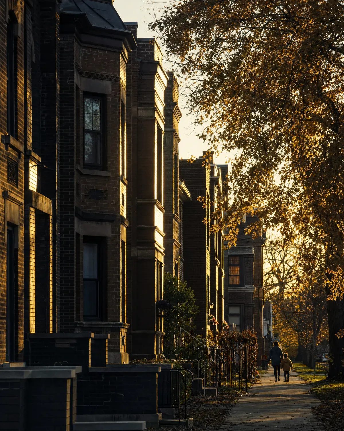 Ilustración: Un adulto y un niño caminando por una calle de Chicago, de espaldas.