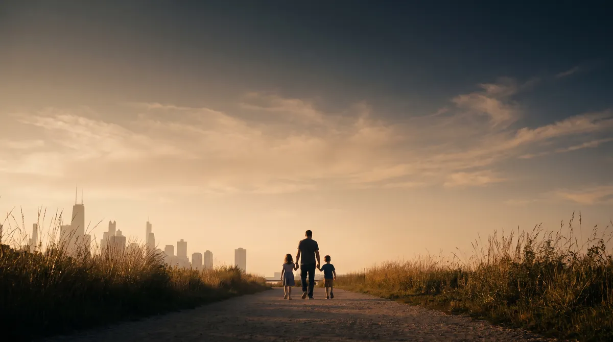 Illustration: Parent and two children walking on the Chicago lakefront at golden hour, seen from behind.