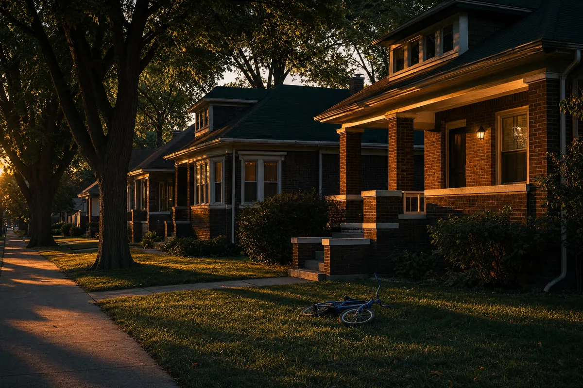 Illustration: Chicago brick bungalows at golden hour with a porch light on and a child's bicycle lying on the lawn.