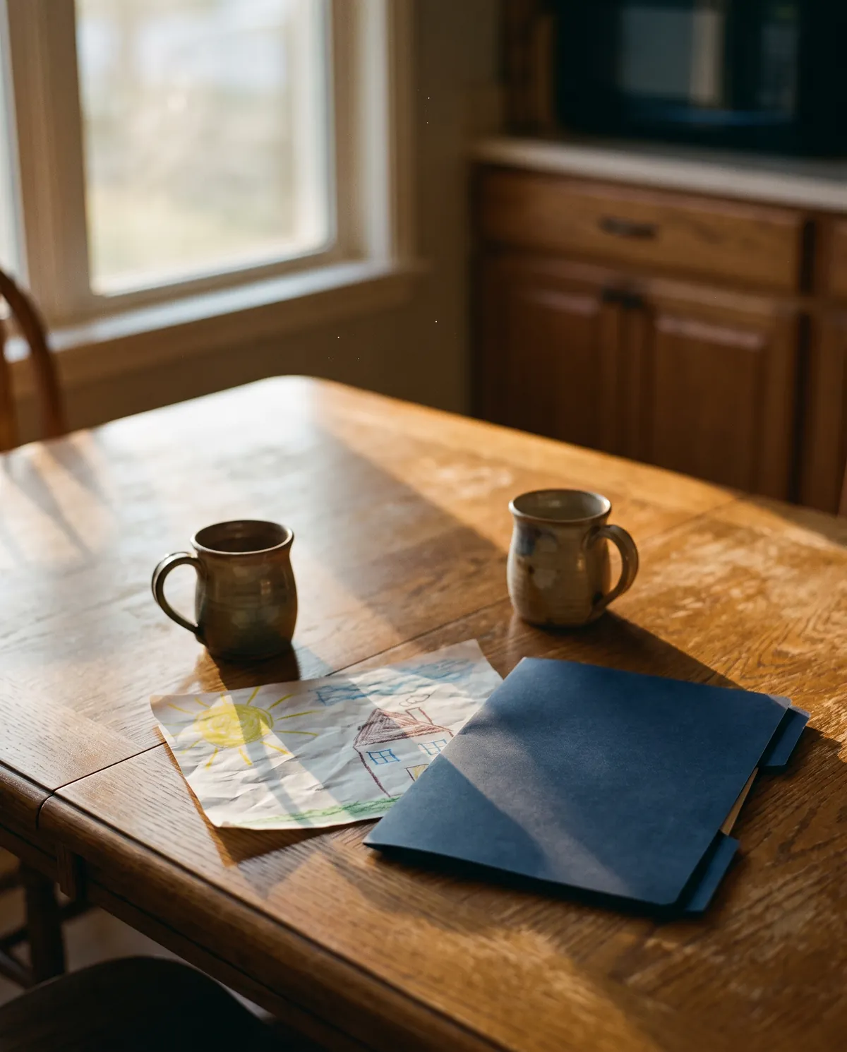 Illustration: Kitchen table with mugs, a child's drawing and a closed navy folder.