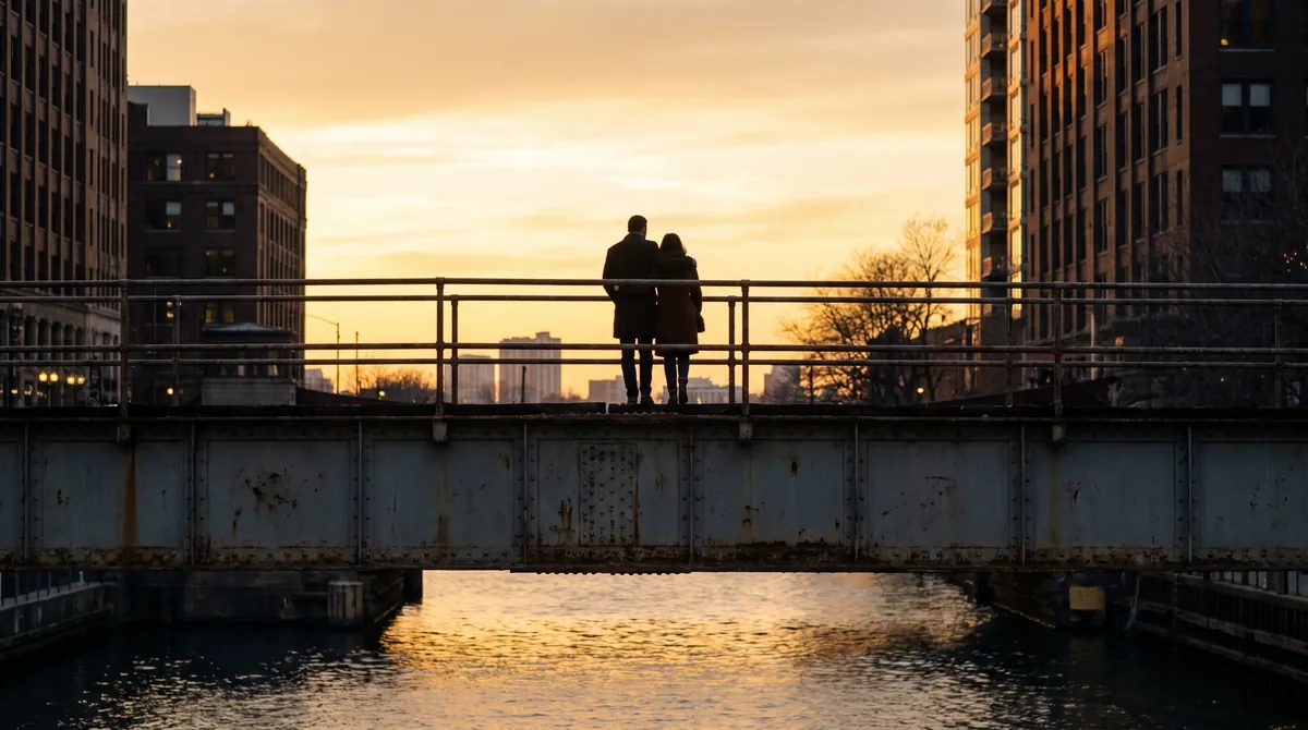 Illustration: Couple standing close together on a Chicago bridge at sunset, seen from behind.