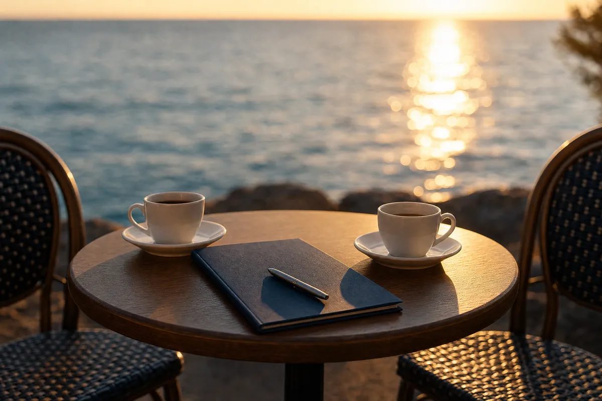 Illustration: Round lakeside table with two coffee cups, a closed navy notebook and a pen at sunset.