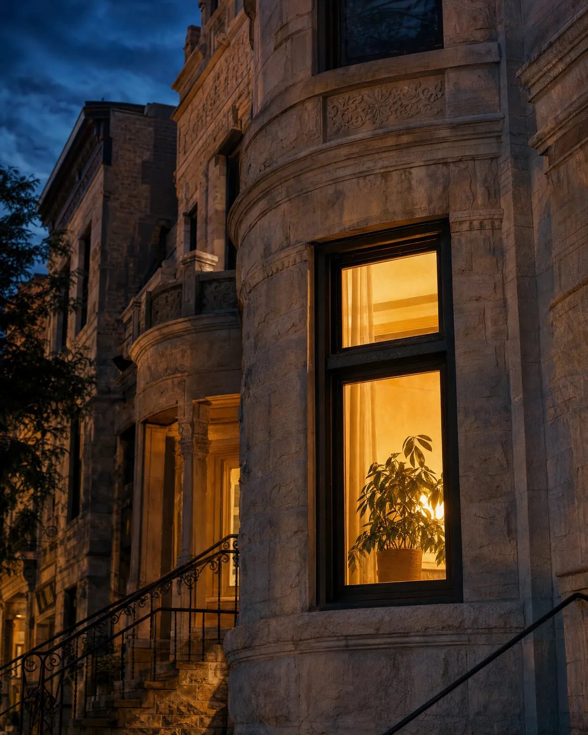 Illustration: Lit greystone bay window with a potted plant at dusk.