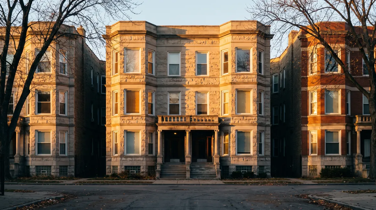 Ilustración: Hilera de edificios de apartamentos de piedra gris y ladrillo en Chicago bajo la luz del atardecer.