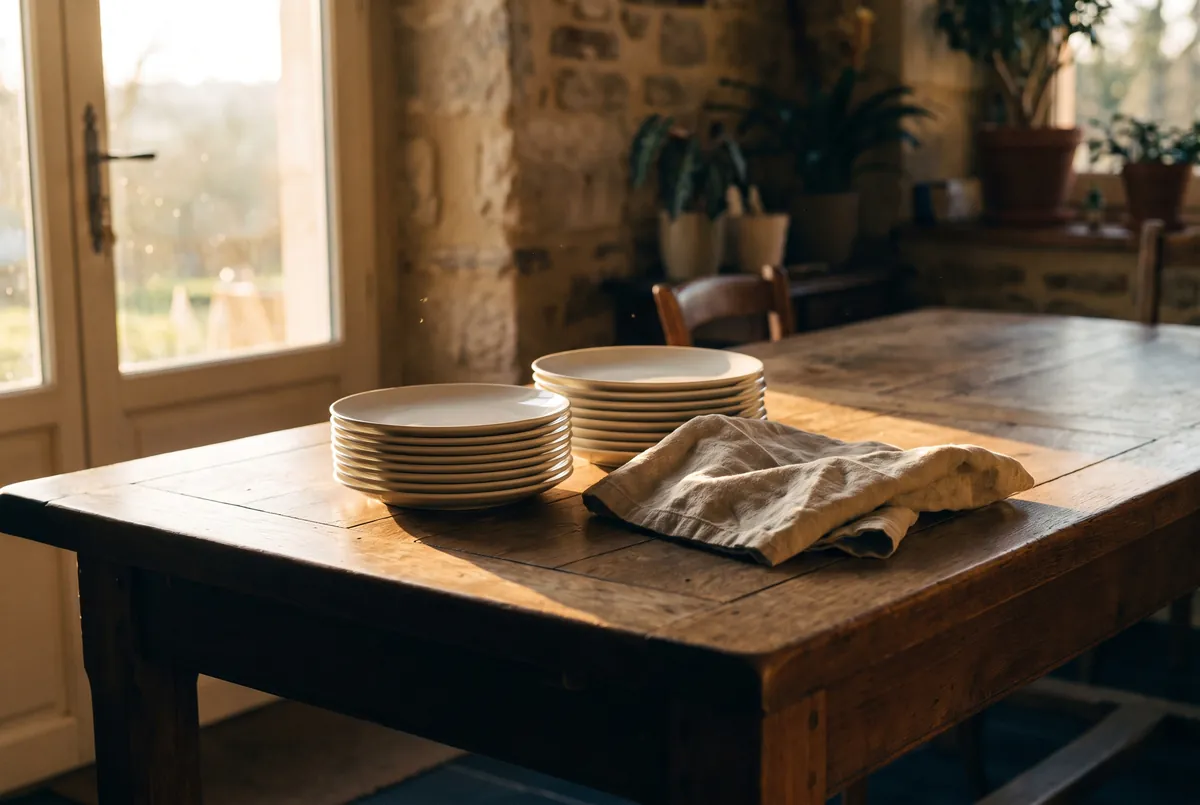 Ilustración: Mesa de comedor con dos pilas de platos y un mantel de lino junto a la luz de la ventana.
