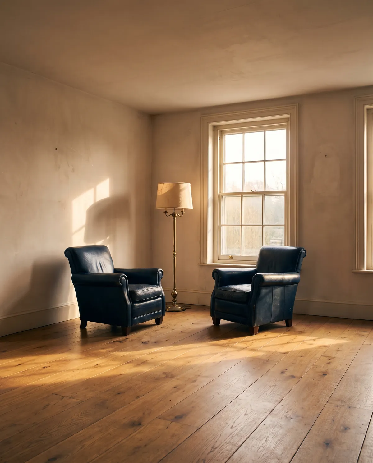 Ilustración: Sala de estar con dos sillones y una lámpara de pie bajo una luz dorada.