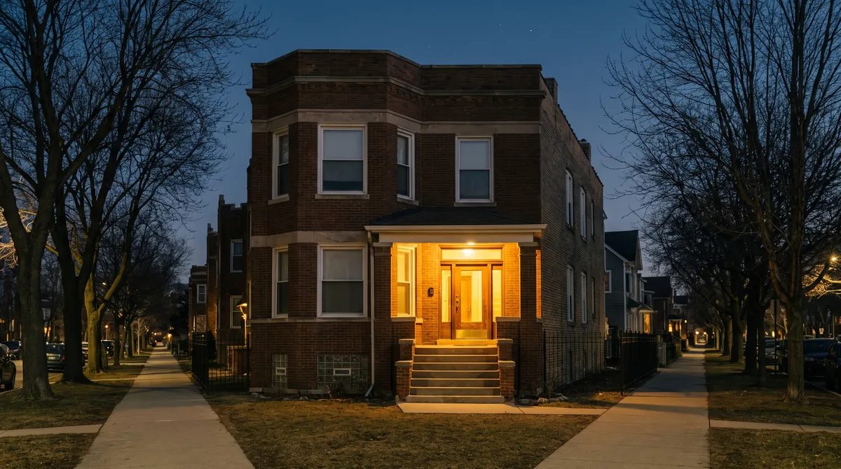 Illustration: Quiet Chicago street at dusk with a brick two-flat and a warm porch light.