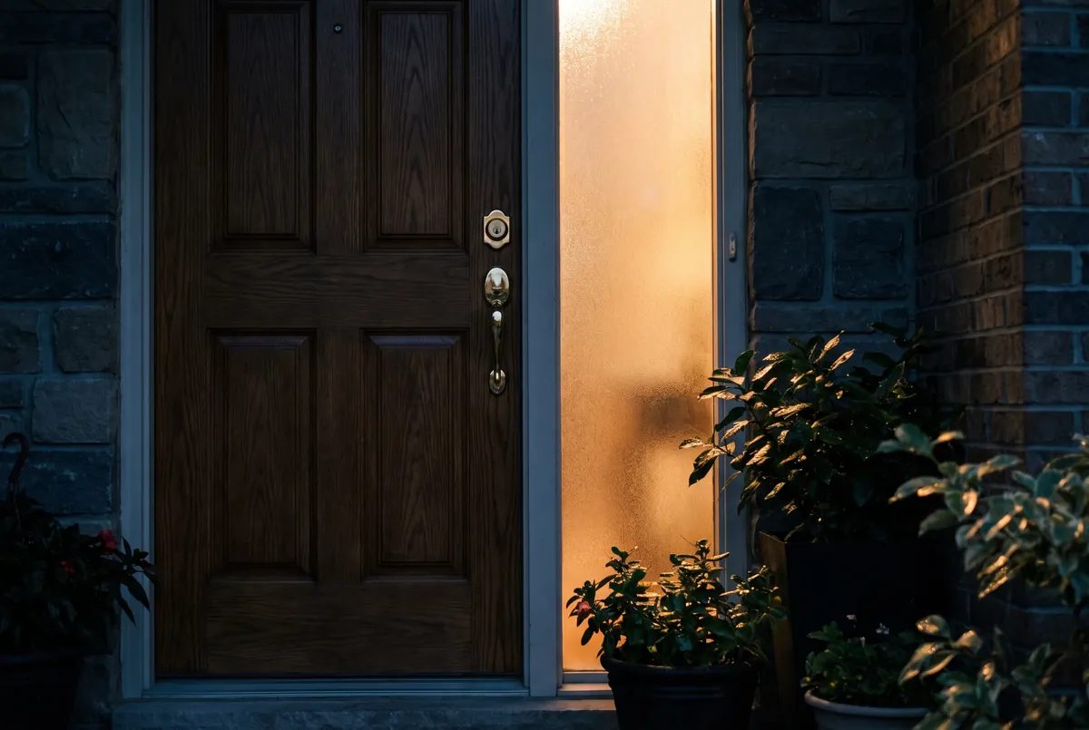 Illustration: Closed wooden front door with a deadbolt and a warm glow through the side panel.