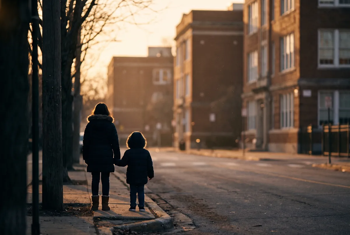 Ilustración: Padre o madre e hijo esperando en la acera de una cuadra escolar al atardecer, vistos de espaldas.
