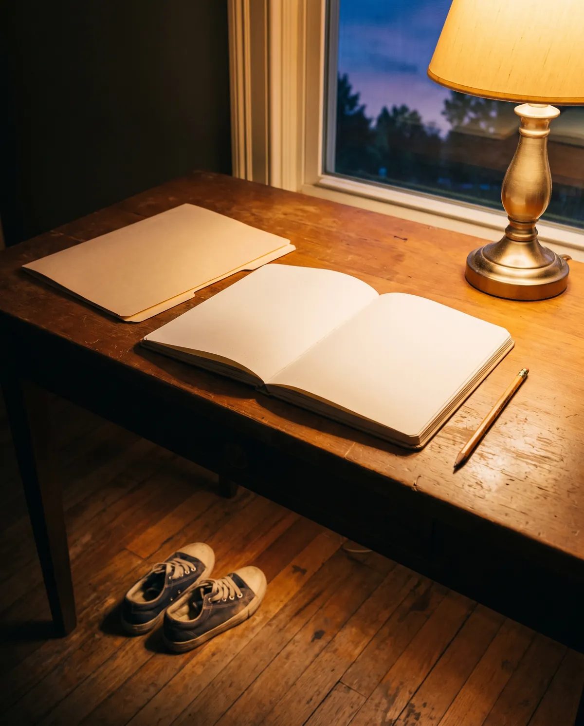 Escritorio con un cuaderno abierto, una carpeta y un lápiz junto a una lámpara, con zapatillas infantiles en el suelo