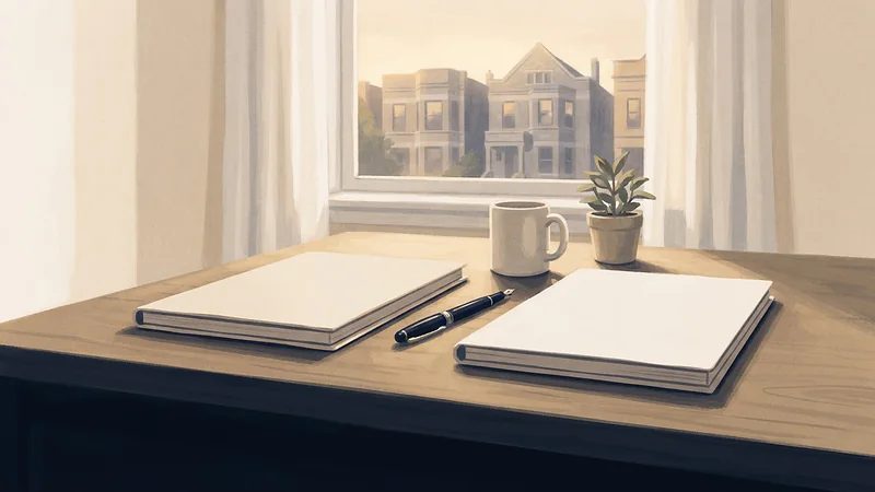 Illustration: two closed folders of equal thickness with a pen between them, a mug and a small plant on a table by a window.