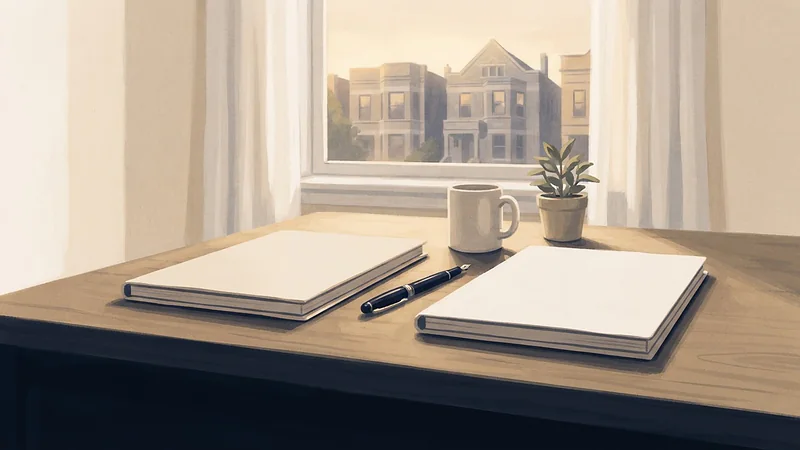 Illustration: two closed folders of equal thickness with a pen between them, a mug and a small plant on a table by a window.