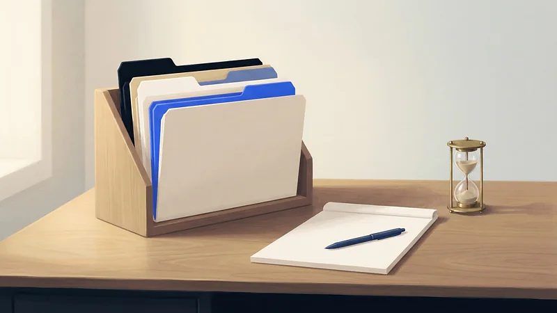 Illustration: folders with plain colored tabs in a desk organizer, a blank legal pad, a pen and a small brass hourglass.
