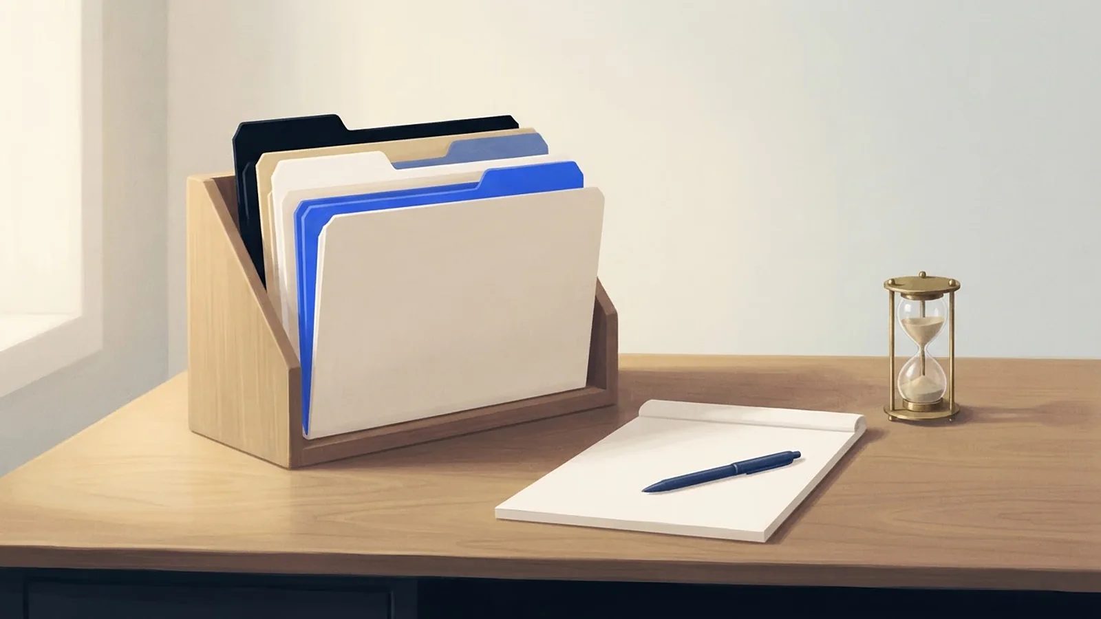 Illustration: folders with plain colored tabs in a desk organizer, a blank legal pad, a pen and a small brass hourglass.