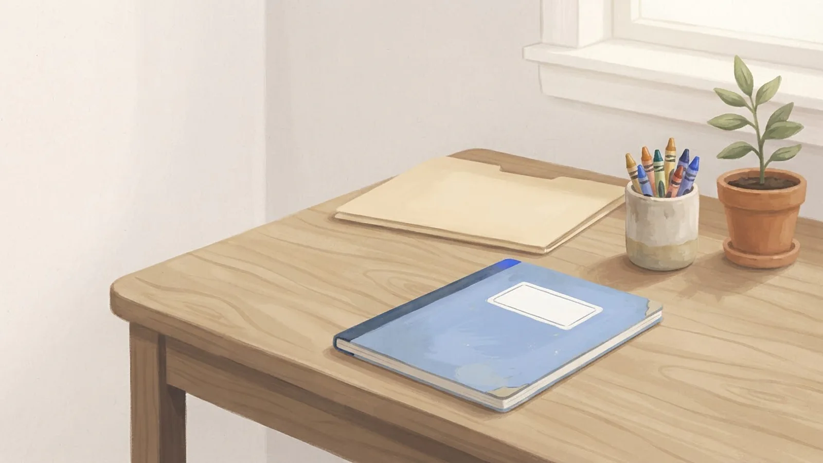 Ilustración: un cuaderno azul con la etiqueta de nombre en blanco, crayones, una planta y una carpeta en un escritorio.