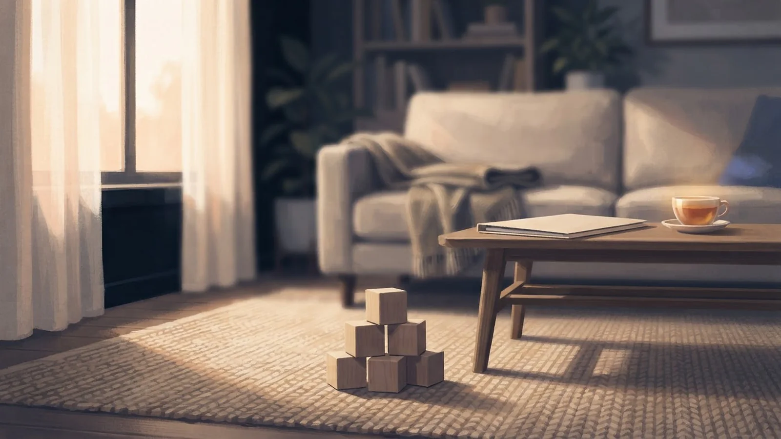 Illustration: plain wooden toy blocks stacked on a rug beside a coffee table with a closed folder and a cup of tea.