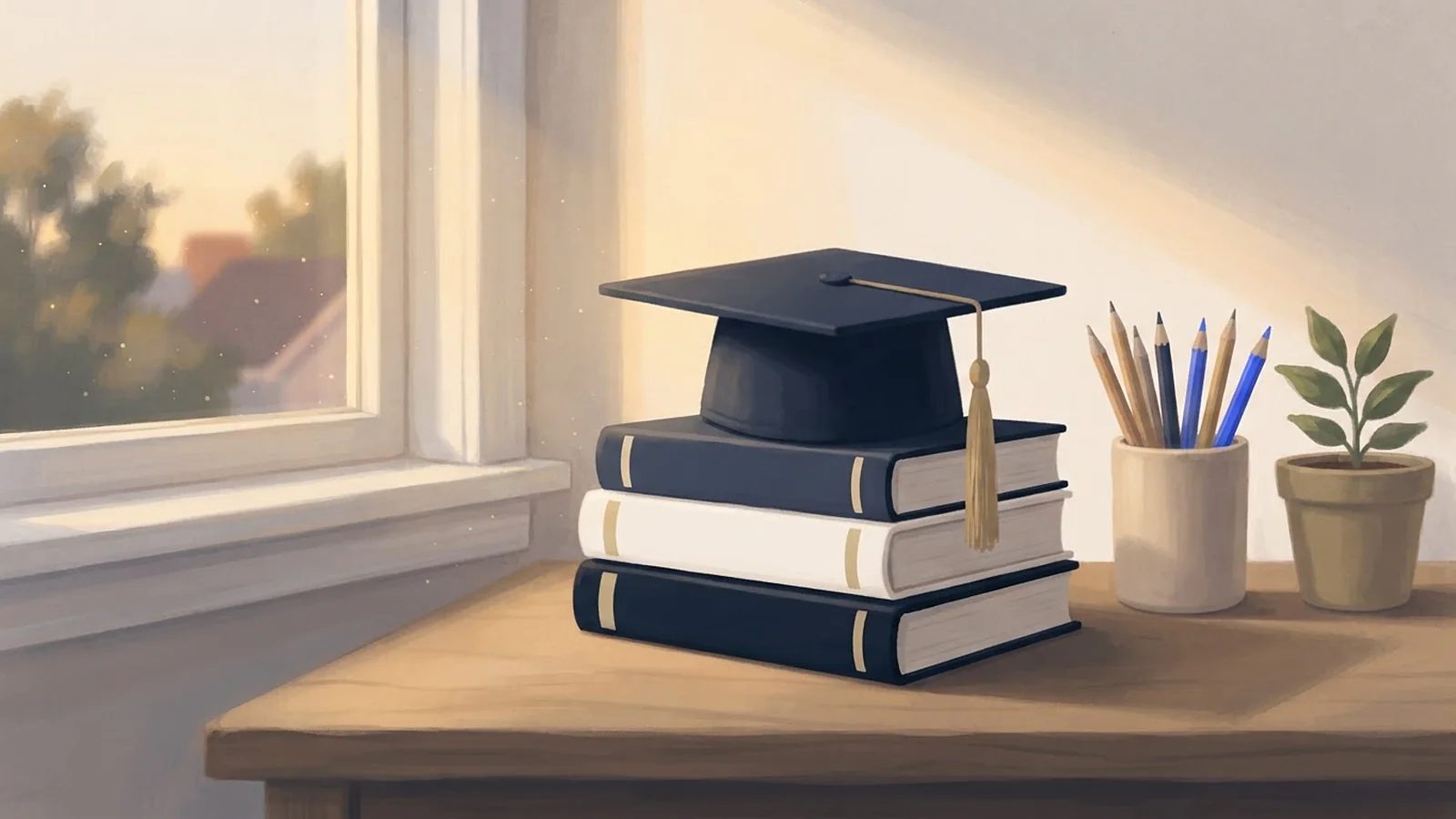 Illustration: a navy graduation cap with a gold tassel on a stack of books, beside a cup of pencils and a plant on a desk.