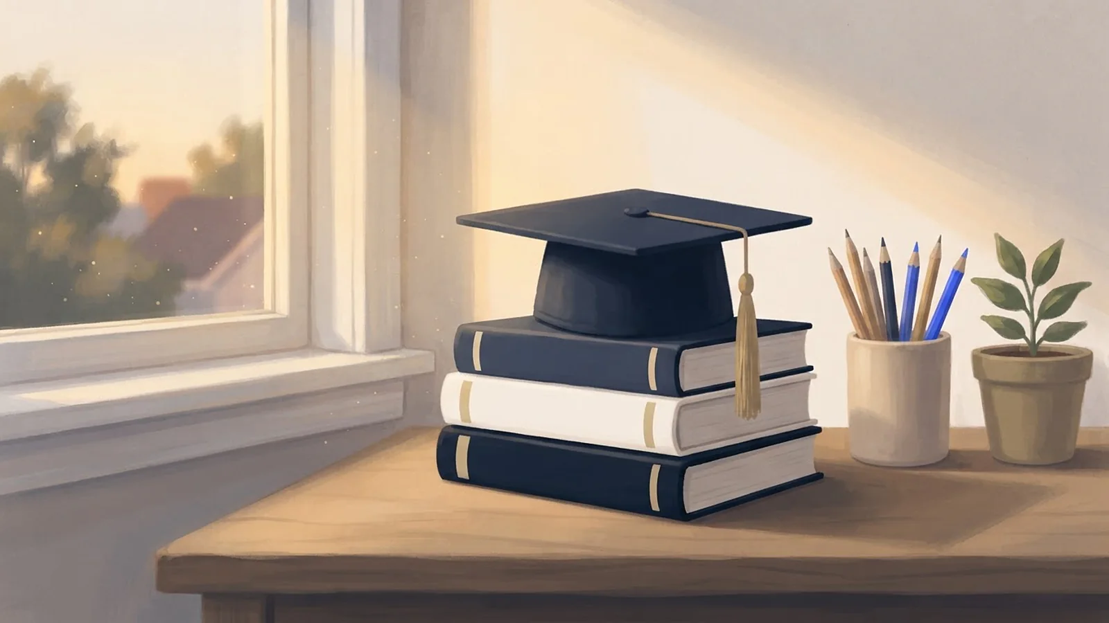 Illustration: a navy graduation cap with a gold tassel on a stack of books, beside a cup of pencils and a plant on a desk.