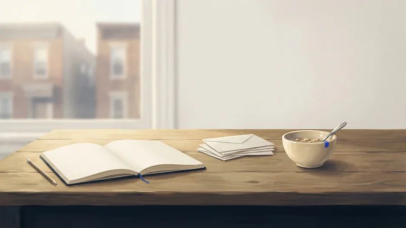 Illustration: an open blank notebook, a pencil, a stack of plain envelopes and a child's cereal bowl on a kitchen table.