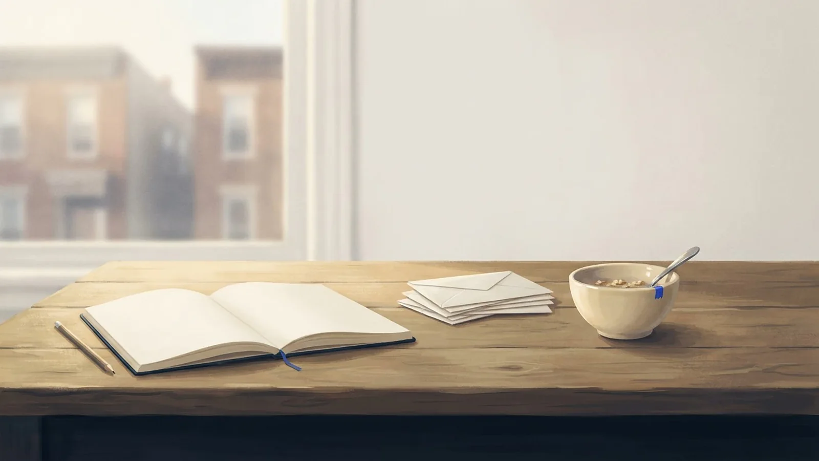 Illustration: an open blank notebook, a pencil, a stack of plain envelopes and a child's cereal bowl on a kitchen table.