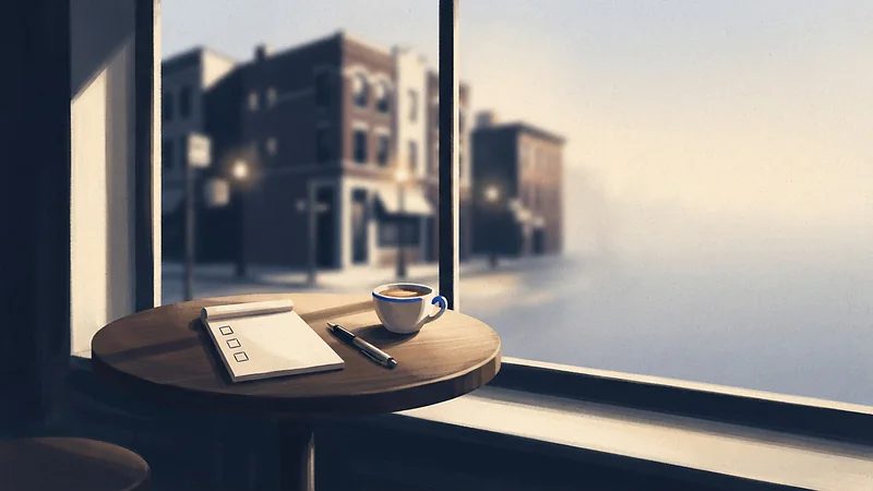 Ilustración: libreta con casillas vacías, una pluma y un café en una mesa junto a la ventana de una cafetería al anochecer.