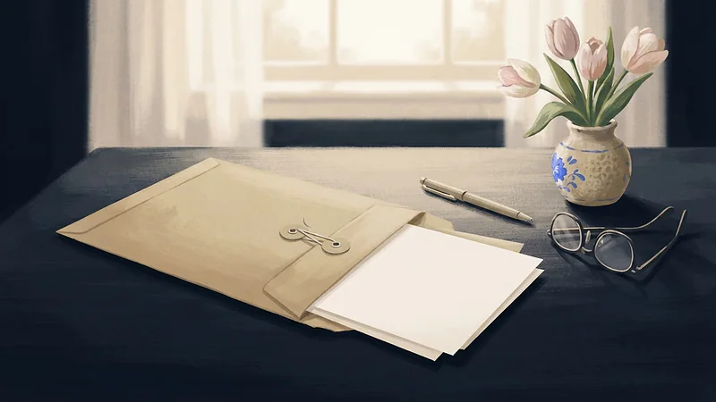 Illustration: a manila envelope with blank pages sliding out, a pen, reading glasses and a vase of tulips on a dining table.