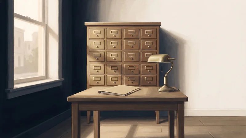 Illustration: a tall wooden cabinet of small drawers in a quiet records room, with a closed folder and a lamp on a table.