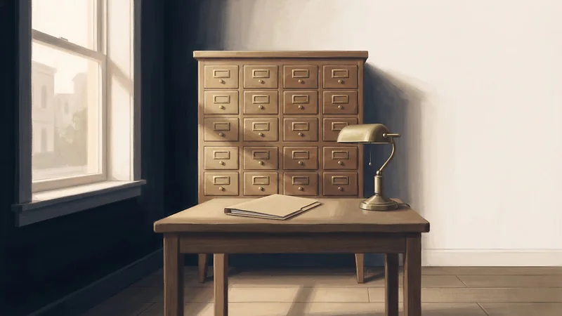 Illustration: a tall wooden cabinet of small drawers in a quiet records room, with a closed folder and a lamp on a table.