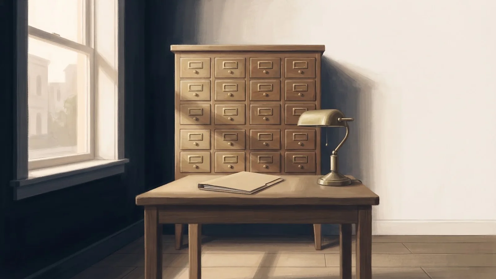 Illustration: a tall wooden cabinet of small drawers in a quiet records room, with a closed folder and a lamp on a table.