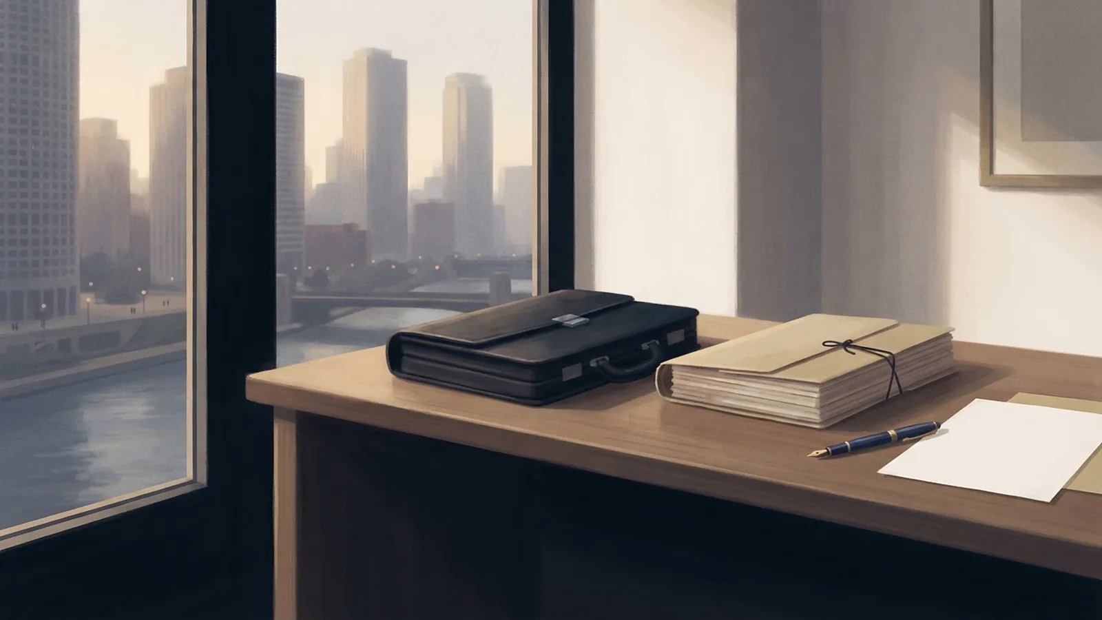 Illustration: a leather briefcase, a tied expanding file and a pen on an office desk above the Chicago River at dusk.