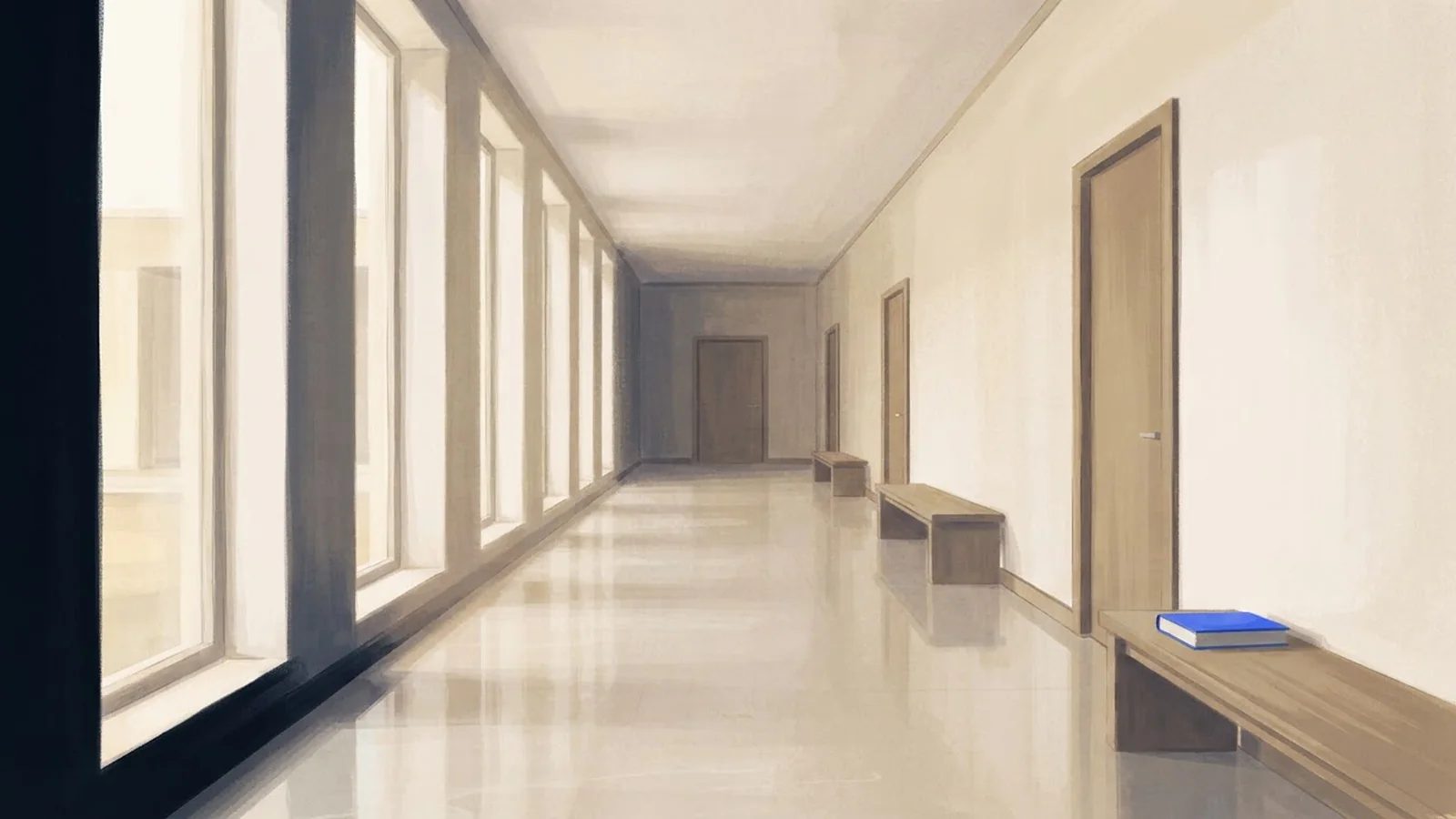 Illustration: a long, quiet corridor with a polished stone floor, tall windows, wooden benches and closed doors.