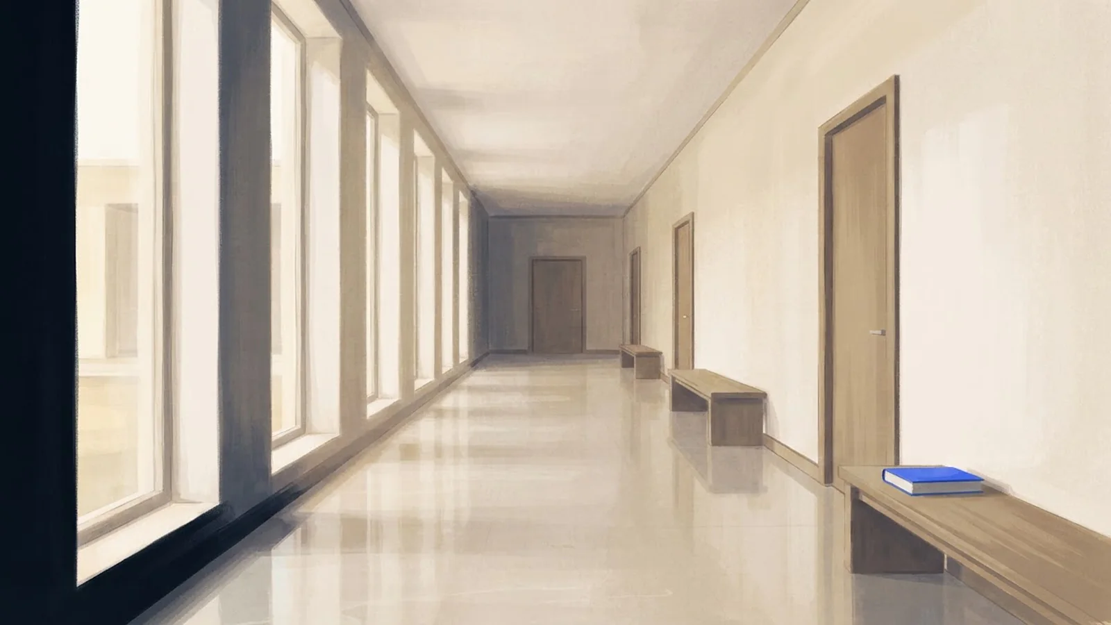 Illustration: a long, quiet corridor with a polished stone floor, tall windows, wooden benches and closed doors.
