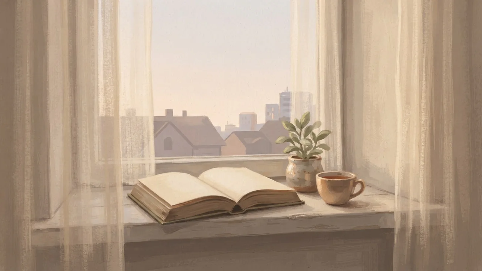 Ilustración: un libro abierto con páginas en blanco, una planta y una taza de té en un alféizar con cortinas al amanecer.