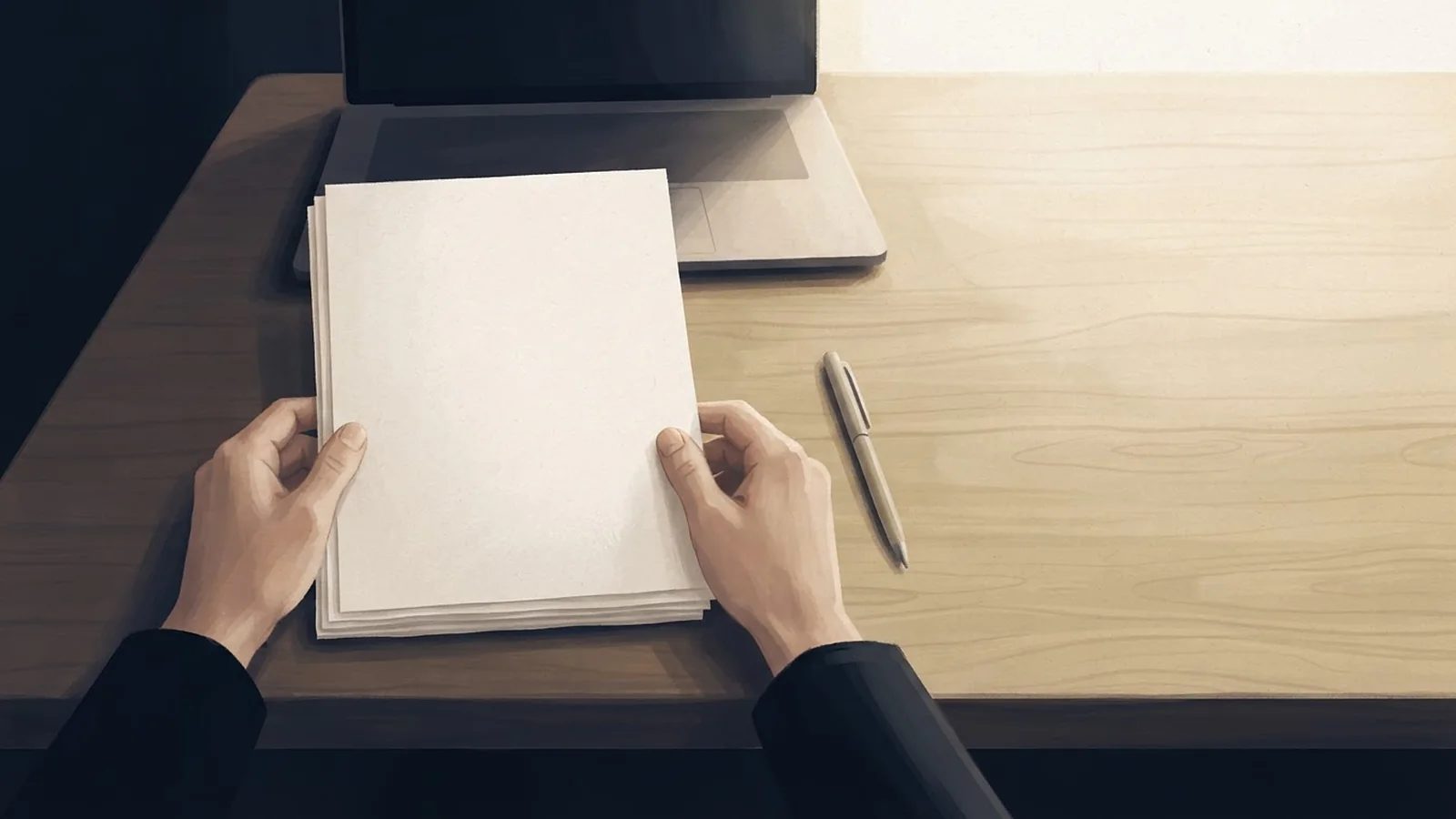 Illustration: two hands squaring a stack of blank forms on a table beside a laptop and a pen in morning light.