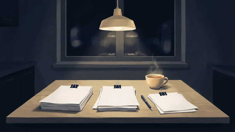 Illustration: three piles of blank statements held with binder clips, a pen and a cup of tea under a pendant lamp.