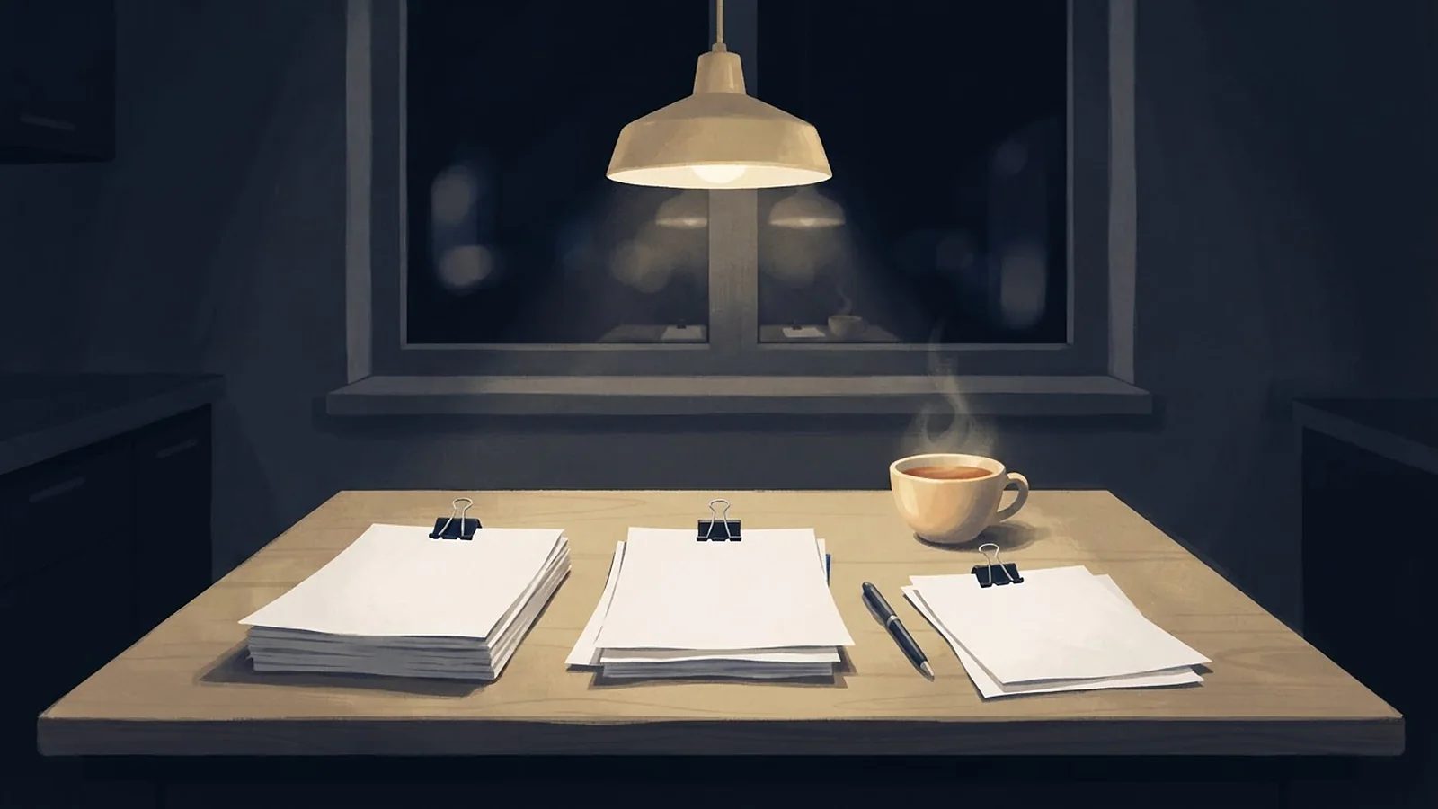 Illustration: three piles of blank statements held with binder clips, a pen and a cup of tea under a pendant lamp.