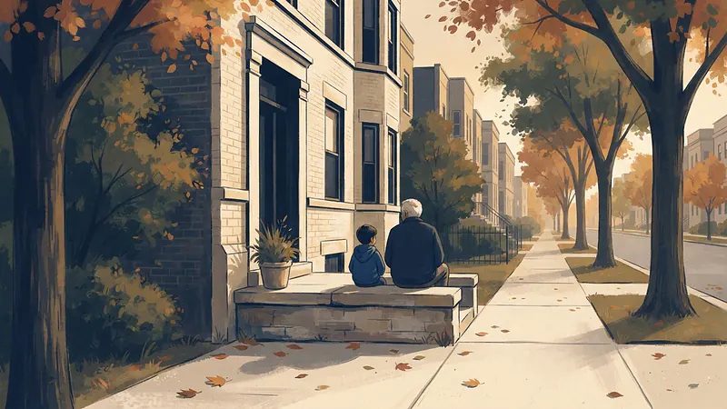Illustration: an older adult and a young child seen from behind, sitting on the front steps of a brick two-flat in autumn.