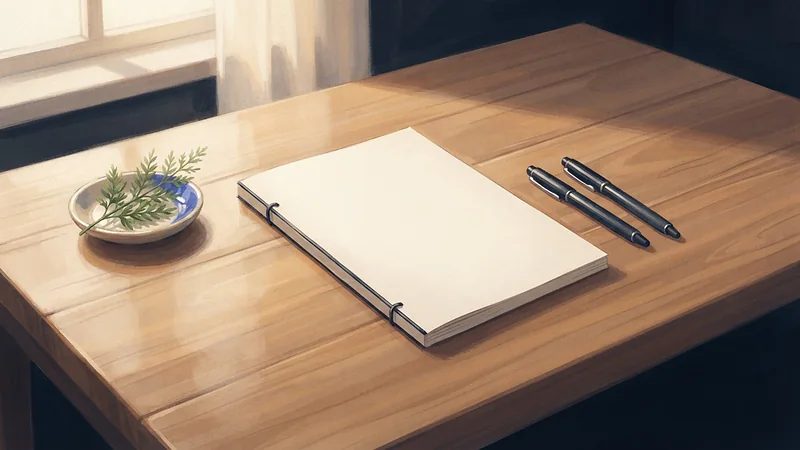 Illustration: a bound document with a plain cover and two identical pens side by side on a polished table in afternoon light.