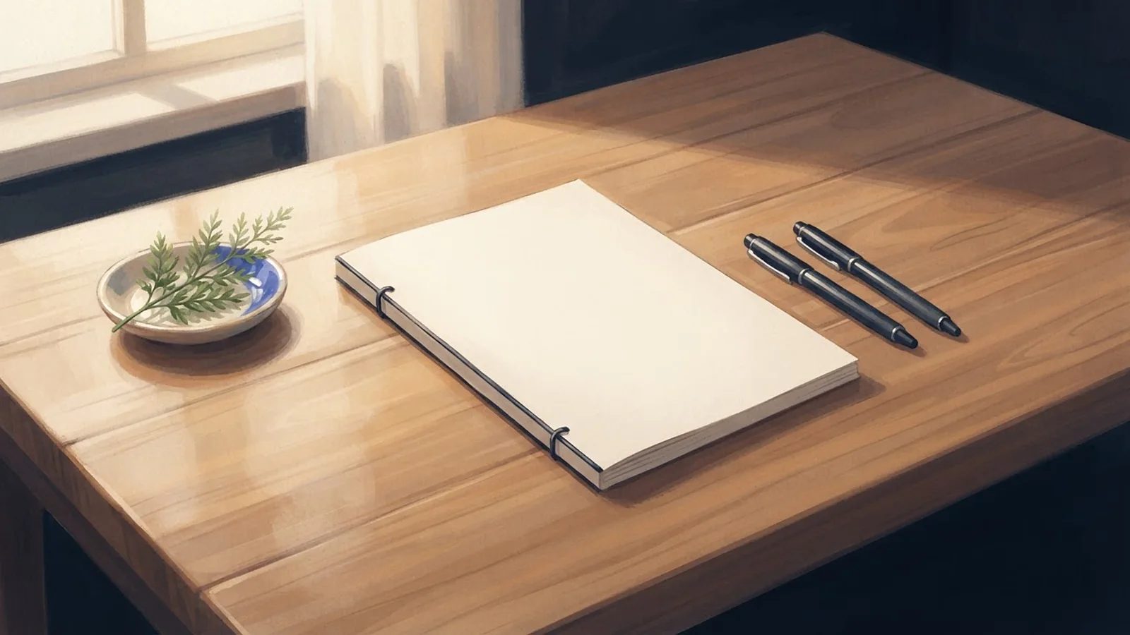 Illustration: a bound document with a plain cover and two identical pens side by side on a polished table in afternoon light.